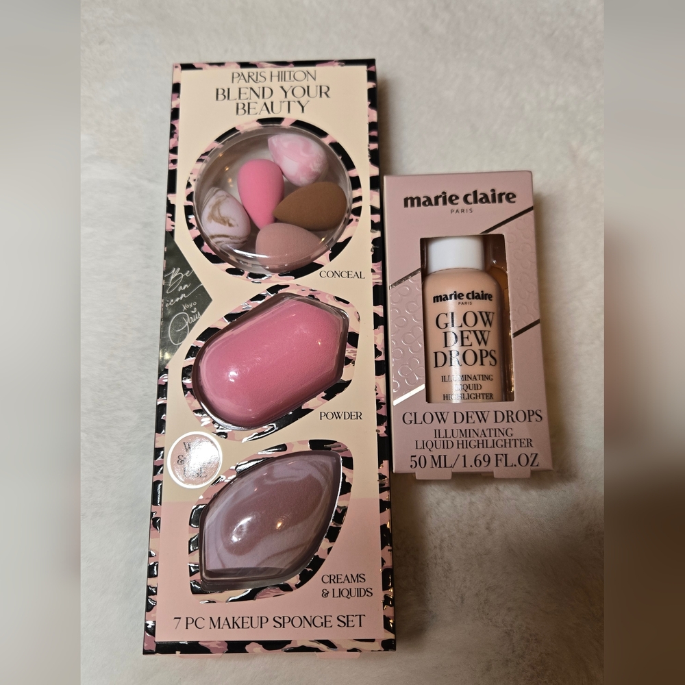 Marie Claire Glow Dew Drops Illuminating Highlighter & Paris Hilton 7 Sponge Set